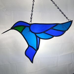 Stained Glass Panel Wall Hanging Window Decor 12 x 7 in Blue Bird In Flight